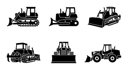 Bulldozer Vector Icons Set, Heavy Construction Machinery Silhouettes, Earthmoving Equipment Graphics, Industrial Vehicle Illustrations © Arefin