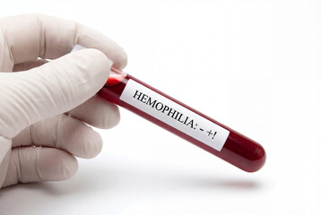 Obraz premium Gloved hand holding blood sample tube labeled for hemophilia test