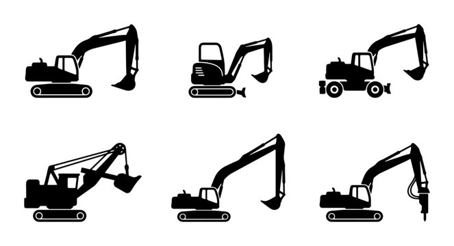 Excavator Icons Set, Heavy Machinery Silhouettes, Construction Equipment Vector Graphics, Digging Machine Illustrations