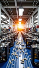 Fototapeta premium Sunlit Industrial Assembly Line with Electronic Components and Loose Debris