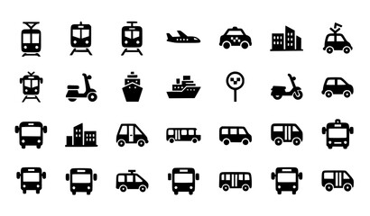 Transportation glyph icon pack with bus train airplane and vehicle symbols vector isolated on white © MdNaim