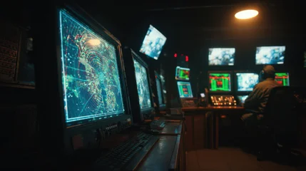 A Military Command Center is Active With Personnel Monitoring Various Screens © ANITEK MEDIA 