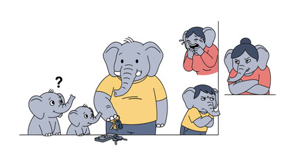 Elephant Family's Dilemma: A cartoon depicts an elephant family, grappling with an unclear problem. The scene, full of character, portrays a moment of contemplation. © Atiya