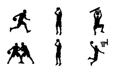 Basketball Player Silhouettes, Dynamic Action Poses, Sports Vector Icons, Dunking, Shooting, Dribbling, Game Elements © Arefin