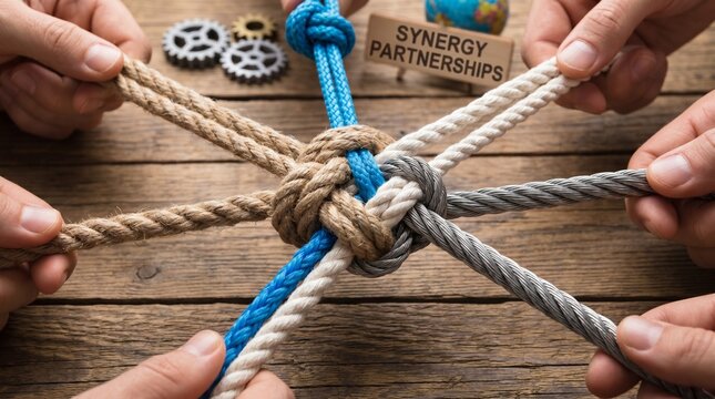 Team business support structure or unity and teamwork concept as a group of diverse ropes united together in strength and solidarity representing belonging or inclusion.