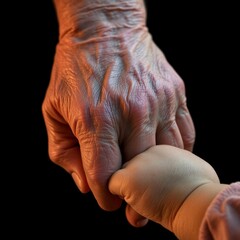 Fototapeta premium “Close-up emotional scene of an elderly wrinkled hand holding a small child’s hand,
