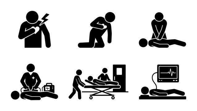 Medical Emergency Icons: CPR, Defibrillator, Ambulance, Heart Attack, Life Support, Vector Set