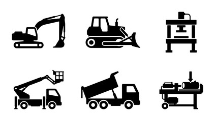 Construction Equipment Icons Set, Heavy Machinery Vector Graphics, Industrial Vehicles Collection, Engineering Tools Silhouettes © Rabiul