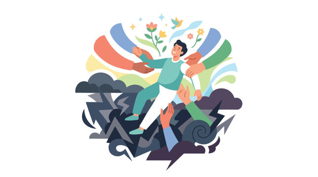 Supportive hands lifting a young man out of dark stormy clouds of anxiety and depression towards a bright hopeful future with flowers and birds