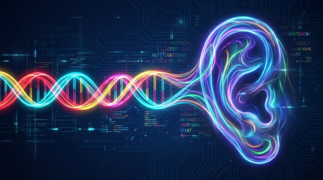 Genetic Hearing Loss as an ear with a DNA double helix symbol representing genetics and Auditory science or audiology as losing the ability to hear due to gene disorder.