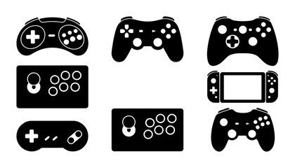 Video Game Controller Icons, Gaming Input Devices, Retro and Modern Joysticks, Arcade Sticks, Set of 7 Black Vector Graphics for Digital Entertainment © MdShakil