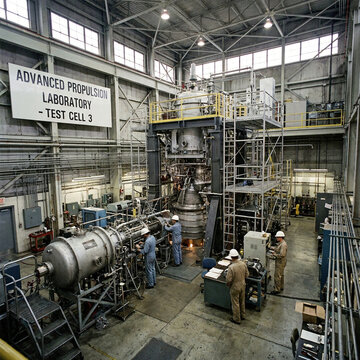 Engineers testing rocket engine in advanced propulsion lab
