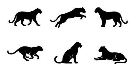 Black Panther Silhouettes, Wild Cat Vector Icons Set, Majestic Feline Poses Collection, Elegant Big Cat Graphics © Rabiul