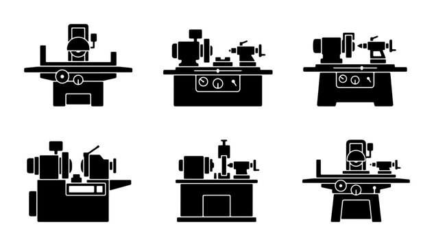 Industrial Grinding Machines, Precision Metalworking Equipment, Manufacturing Tools Set, Engineering Machinery Icons