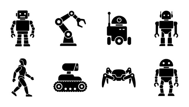 Robot Icons Set: Futuristic Androids, Industrial Arms, and AI Machines for Technology and Science Concepts