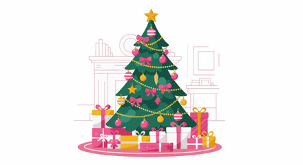 Fototapeta premium Decorated Christmas tree surrounded by colorful gift boxes in a festive setting