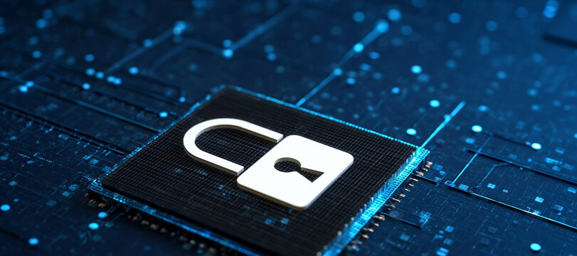Digital security padlock icon rests on a modern computer processor chip representing advanced cyber protection and secure electronic data systems