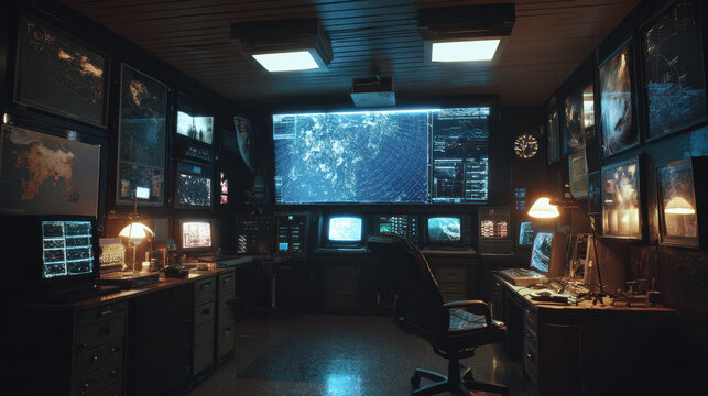 Military Command Center With Monitoring Screens and Surveillance Equipment