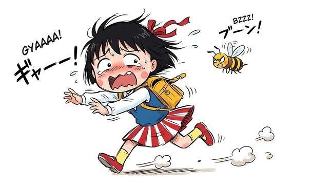 Scared Girl Running From Bee: A distressed little girl with a yellow backpack and a red-striped skirt flees in terror from an angry bee, tears streaming down her face.