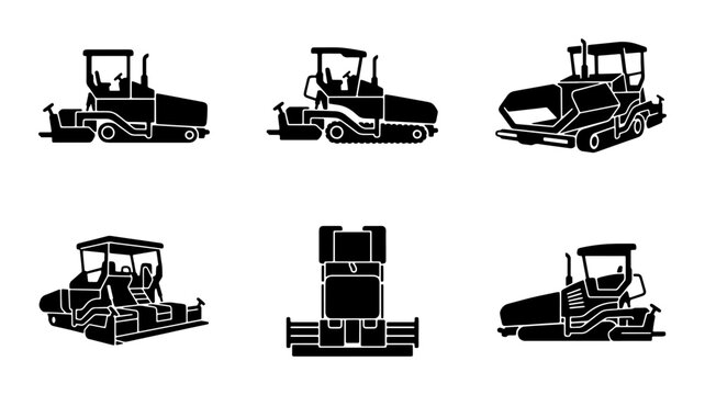 Asphalt Paver Machine Icons, Road Construction Equipment Vector Set, Heavy Machinery Silhouettes for Paving Projects