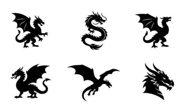 Mythical Dragon Silhouettes Collection, Fantasy Creature Vector Icons, Ancient Legend Beast Graphics, Black and White Folklore Symbols