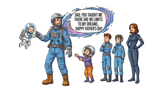 Father's Day in Space: An illustration portrays a family of astronauts celebrating Father's Day, emphasizing the limitless possibilities of dreams. 