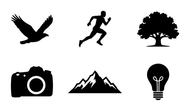 Silhouette Icons Set: Eagle, Runner, Tree, Camera, Mountain, Lightbulb. Versatile Vector Graphics for Concepts.