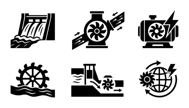 Hydroelectric Power Icons: Dam, Turbine, Generator, Water Wheel, Power Plant, Global Energy Flow - Clean Energy Vector Set