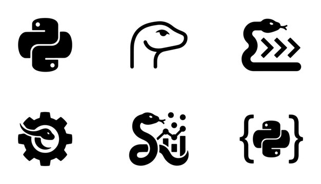 Python Programming Icons, Snake Logo Symbols, Coding & Data Science Vector Graphics, Software Development Elements, Technology & Web Design Icons