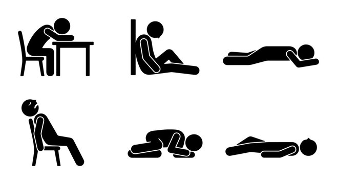 Stick Figure Exhaustion Poses, Vector Set: Tired, Depressed, Overwhelmed, Burnout, Sadness, Fatigue, Despair, Vector Icons