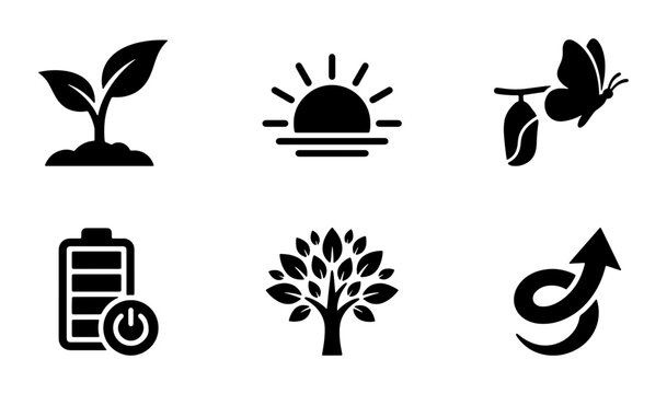 Eco-friendly Icons: Growth, Sunrise, Metamorphosis, Renewable Energy, Tree, Progress Vector Set. Sustainable Development, Nature, Life Cycle, Power, Business Growth Concepts.