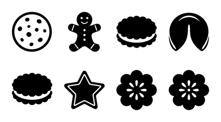 Set of 8 Black and White Cookie Icons, Gingerbread Man, Fortune Cookie, Star, and Floral Biscuits, Vector Graphics for Food and Baking Themes © Nadiya