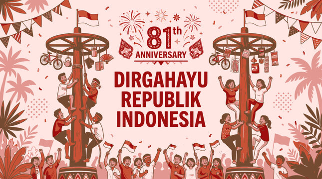 Festive celebration of Indonesian independence marked by communal climbing of tall poles adorned with flags and prizes commemorating a significant national anniversary with joy and community