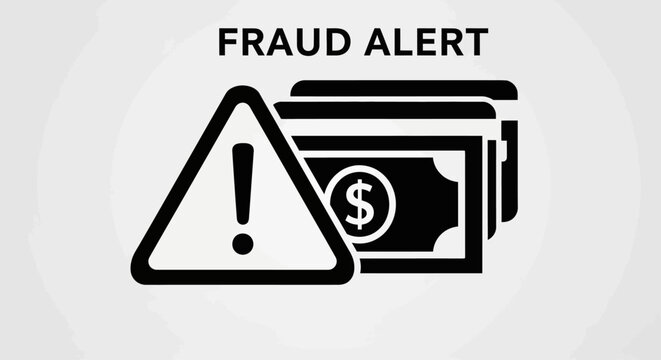Fraud alert graphic with an exclamation mark in a warning triangle next to a stack of money.