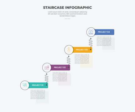 staircase ladder concept infographic outline style with 4 point template with circle and rectangle header badge with swirl curl arrow top direction for slide presentation