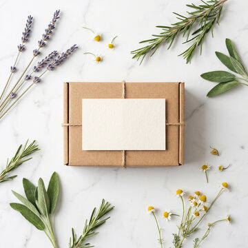 Eco Friendly Cardboard Box Mockup with Blank Card and Fresh Herbs on Marble Background