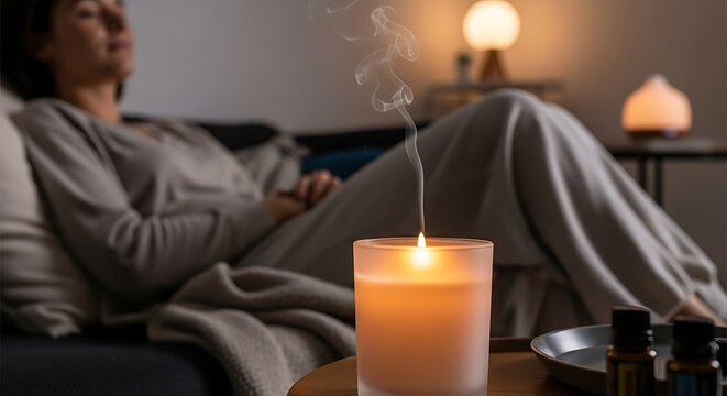 Woman relaxing with candle and aromatherapy.