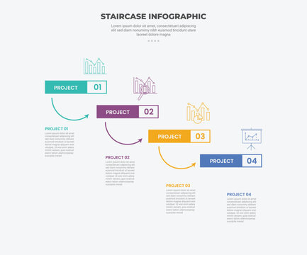 staircase ladder concept infographic outline style with 4 point template with rectangle header badge with round curve arrow decrease direction for slide presentation