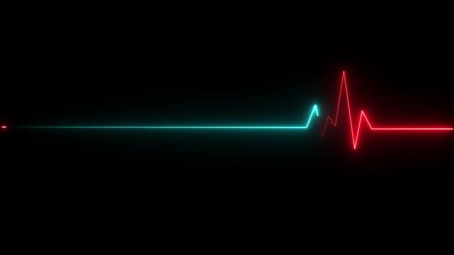 Glowing red neon heart pulsating with electrocardiogram line on dark grid background medical cardiology health 4K HD video...