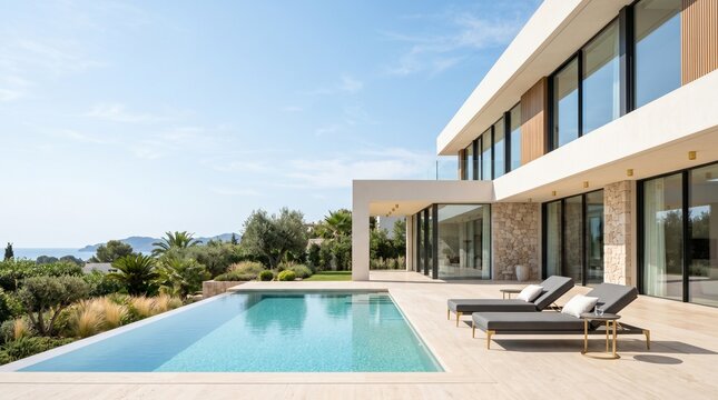 Modern luxury villa with infinity pool and sea view at sunny day