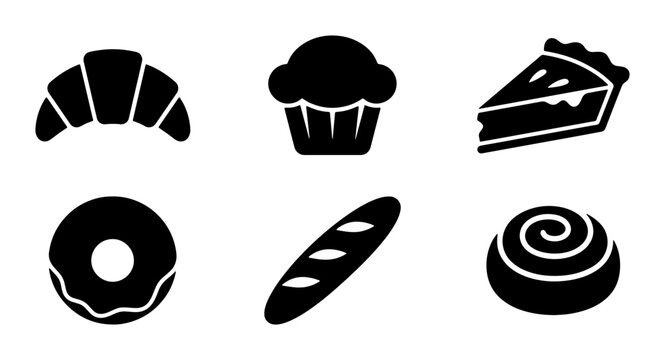 Bakery Icons Set, Delicious Pastry Vector Graphics, Sweet Food Collection, Croissant, Muffin, Pie, Donut, Baguette, Cinnamon Roll