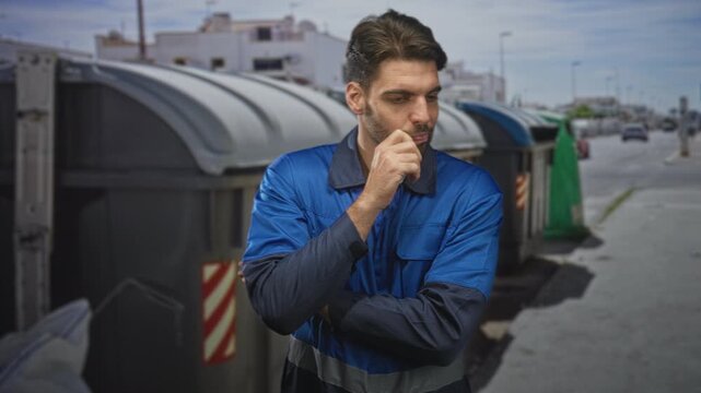 Man in blue work overalls touching chin beside large trash bins on street as sanitation worker; contemplation duty.