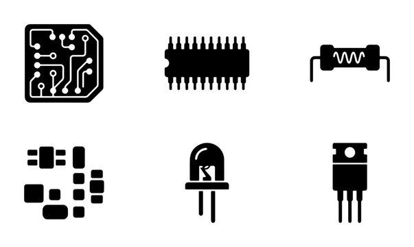 Electronic Components Vector Icons Set: Circuit Board, Microchip, Resistor, LED, Transistor, and Solderless Breadboard for Technology and Engineering Designs