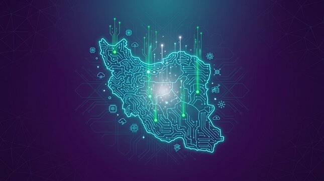 Digital map of iran with circuit board pattern and data connection lines