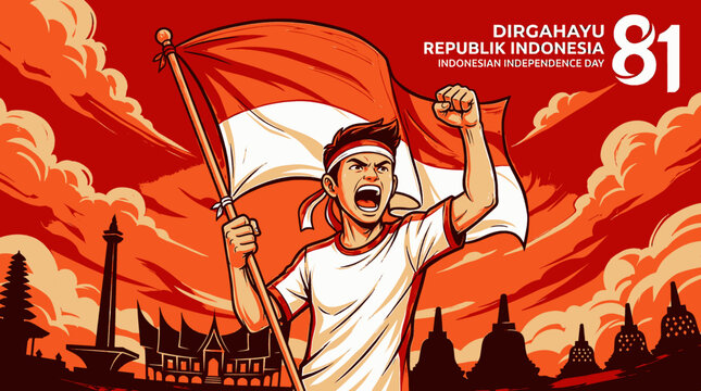 Excited young man celebrates national holiday holding an Indonesian flag aloft against a vibrant red sky featuring symbolic landmarks of the archipelago during a jubilant commemoration of