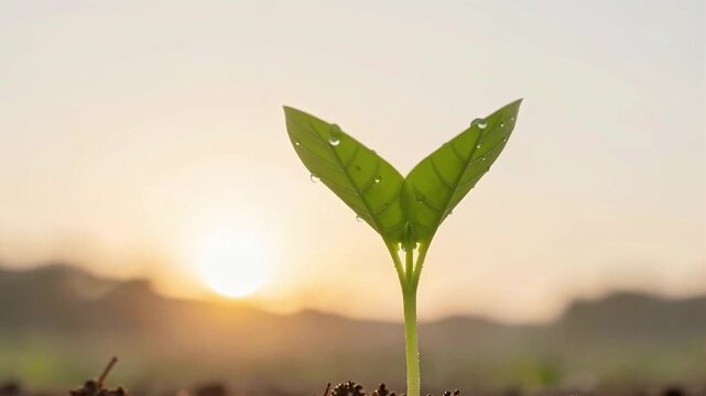 Three stages of a seedling growing in soil with a sunset background, showcasing development.