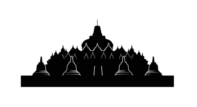 Buddhist temple silhouette with stupas.