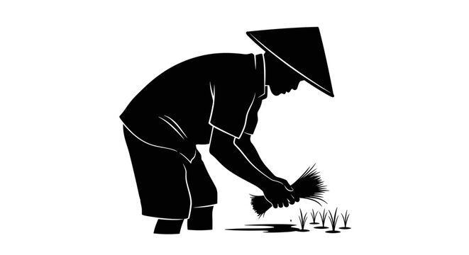 Man wearing conical hat gardening.