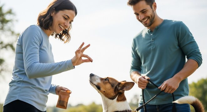 Couple training dog with treats in sunny park during a joyful moment. Dog training session incorporates positive reinforcement with snacks, showcasing the bond between owners and pet.