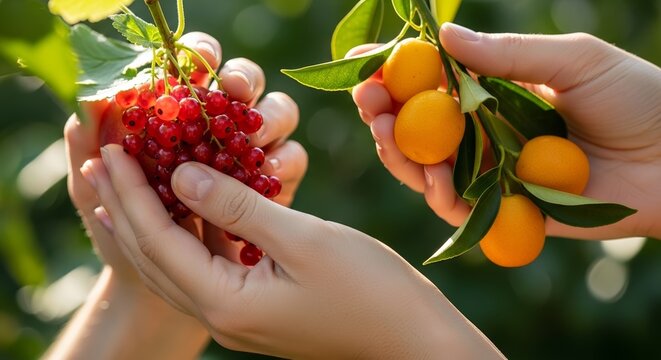 Hands reaching for fresh berries and orange fruits in sunny garden. Couples pick delicious fruits together for joyful moments, celebrating love and connection through fun activities outdoors.